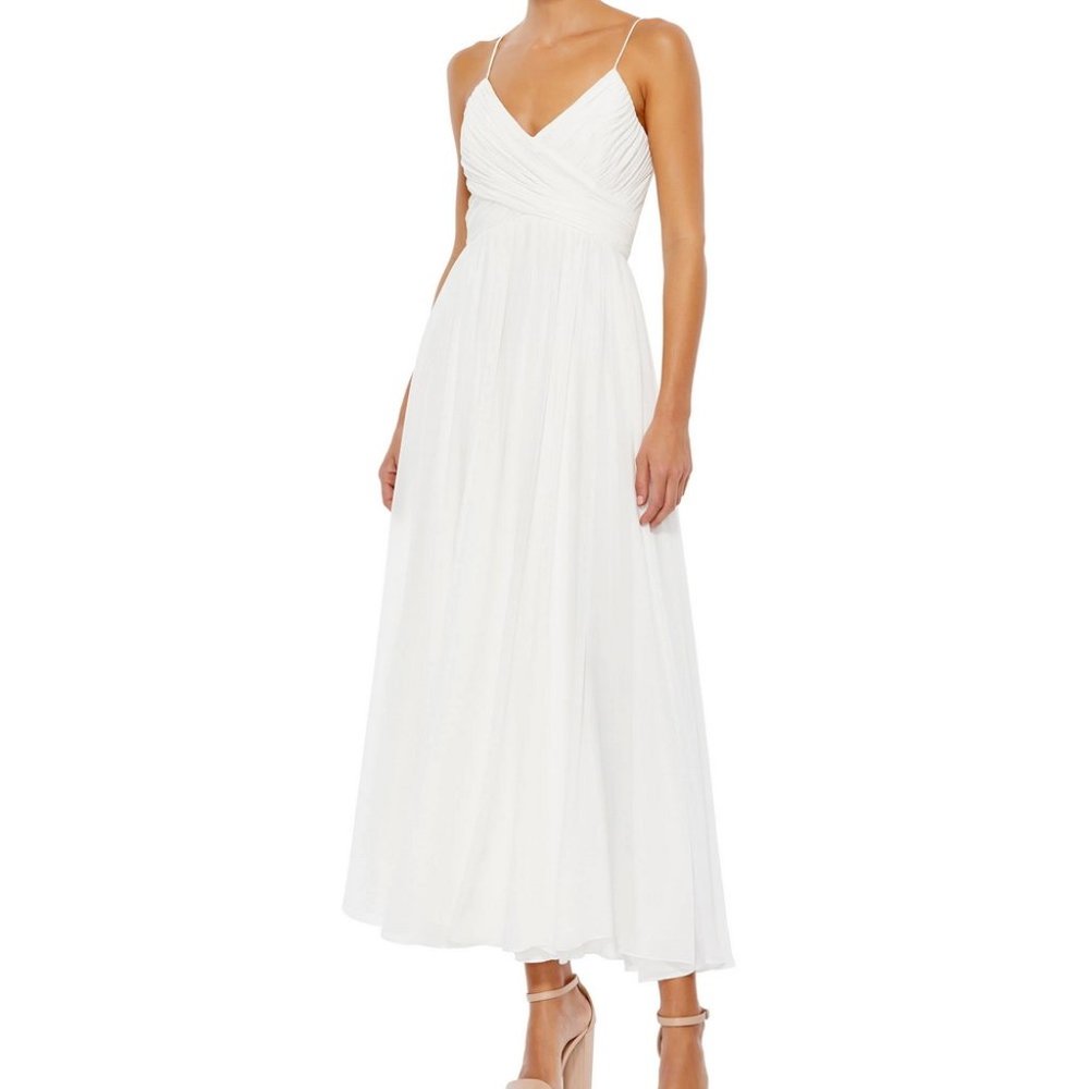 Mac Duggal White Surplice Ruched Midi Dress